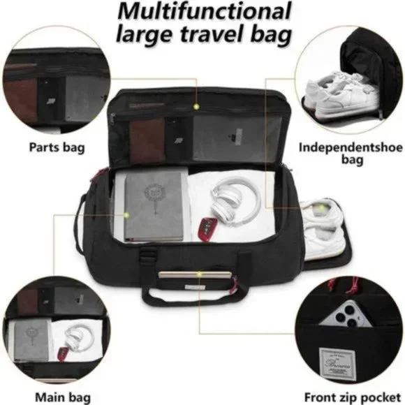 New Waterproof Weekend Overnight Bag Black Duffle Gym Bag Carryon